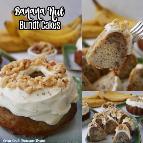 A three collage photo of individual banana nut bundt cakes with the title of the recipe in text at the top of the photo.