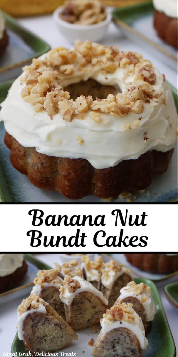 a double collage photo of individual size banana nut bundt cakes with the title in text in the center of the two photos.