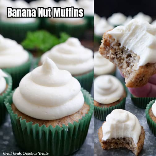 A three collage photo of banana nut muffins with cream cheese frosting on top.
