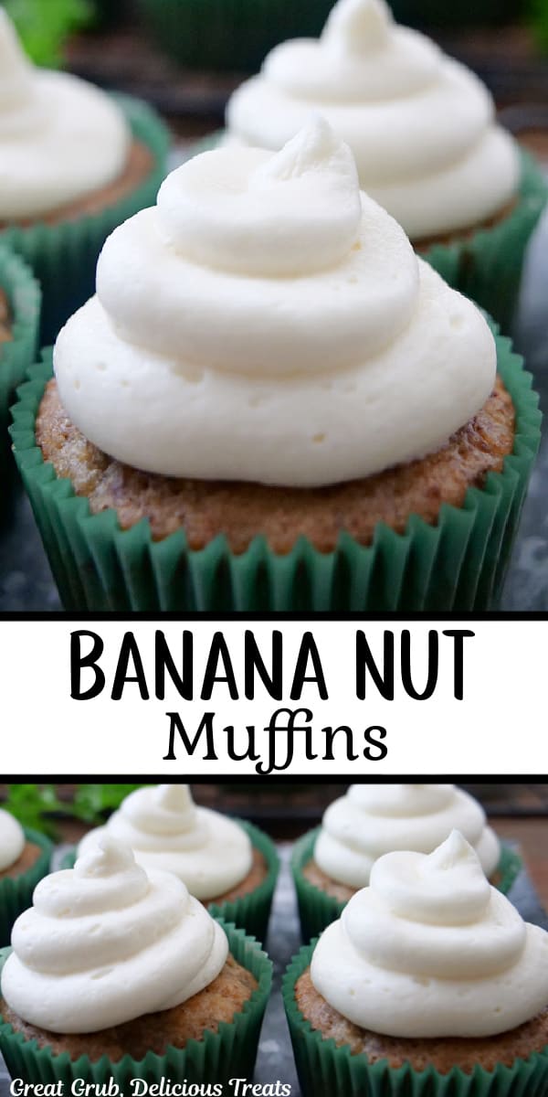 A double collage photo of banana nut muffins with cream cheese frosting.