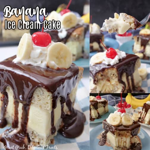 A three photo collage of banana cake on a white and blue checkered plate.