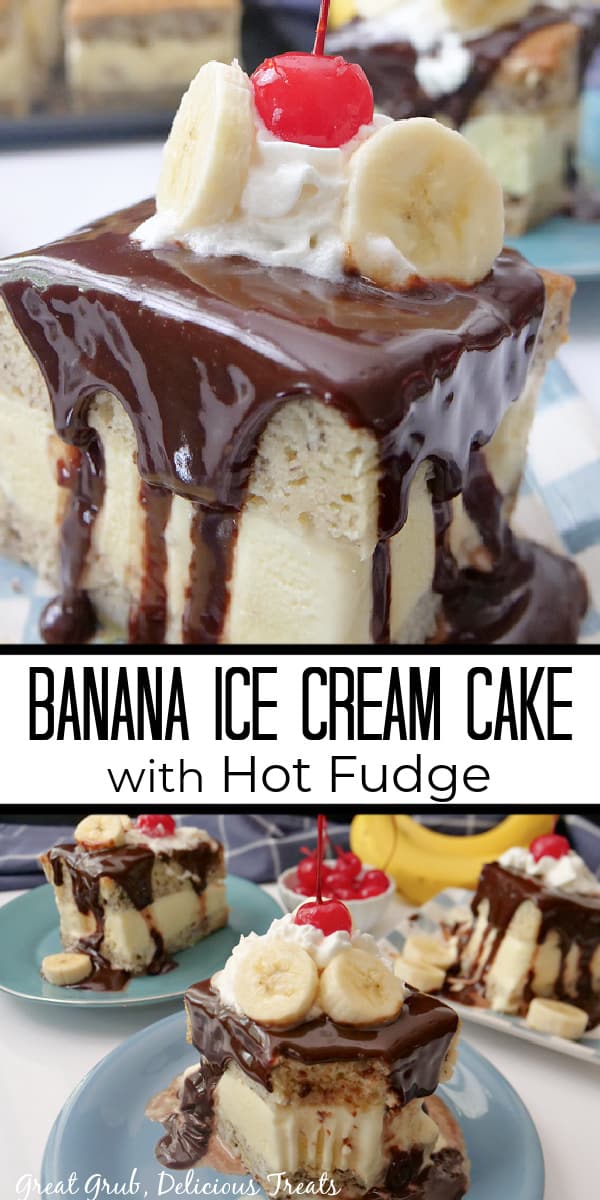 A double photo collage of slices of banana ice cream cake on a blue plate, topped with whipped cream, cherries, and slices of banana.