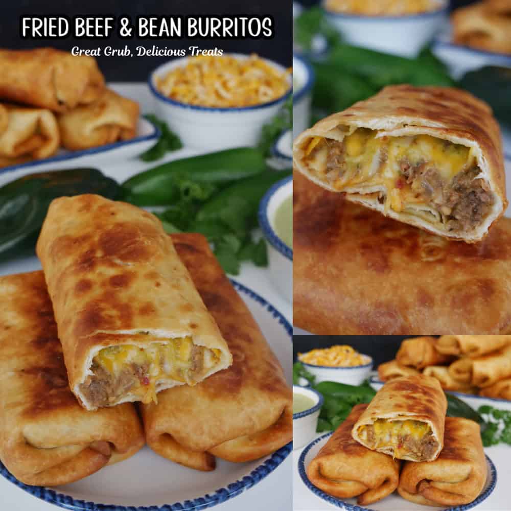 Three photo collage of beef and bean burritos on a white plate with blue trim and the title overlay at the top.