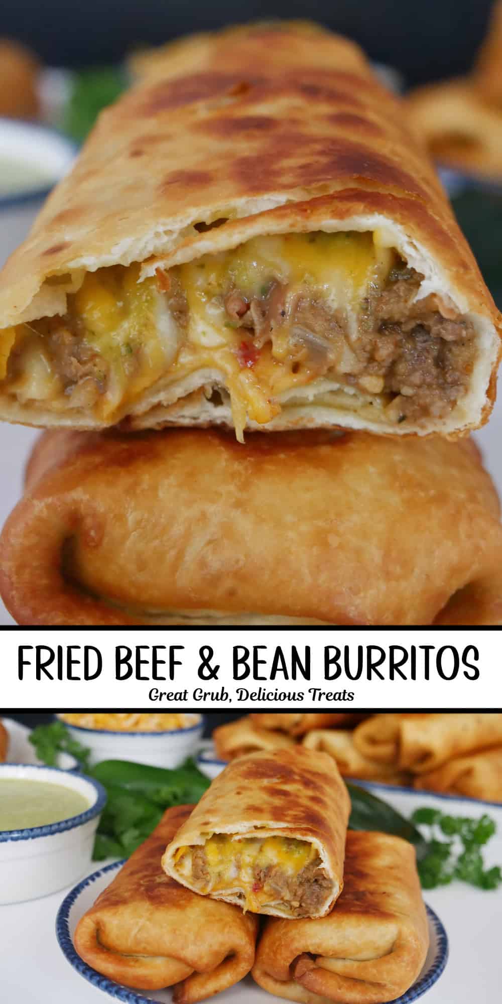 Two photo panels of fried beef and bean burritos with the title overlay in the center.