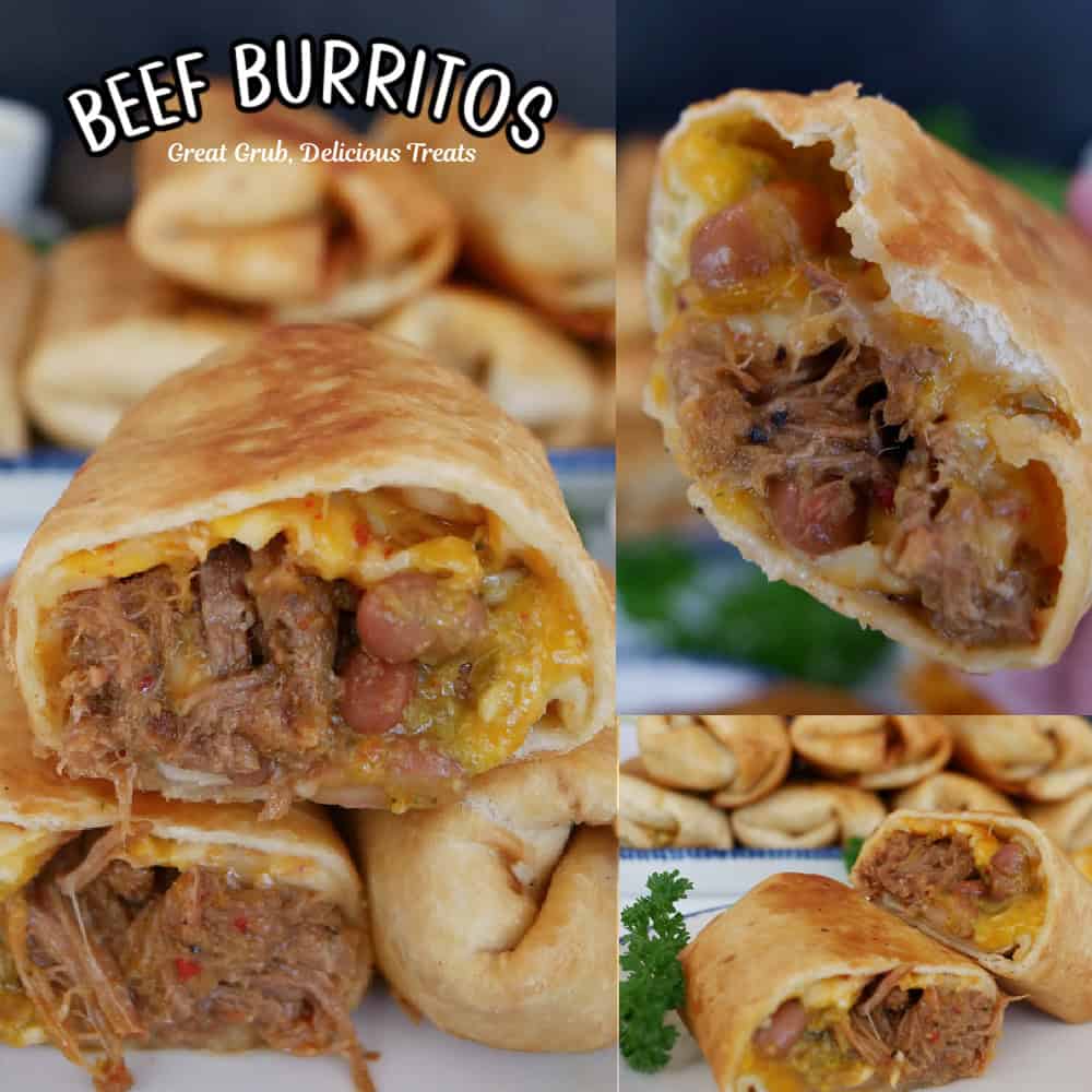 A three collage photo of fried beef burritos with the title of the recipe in text at the top.