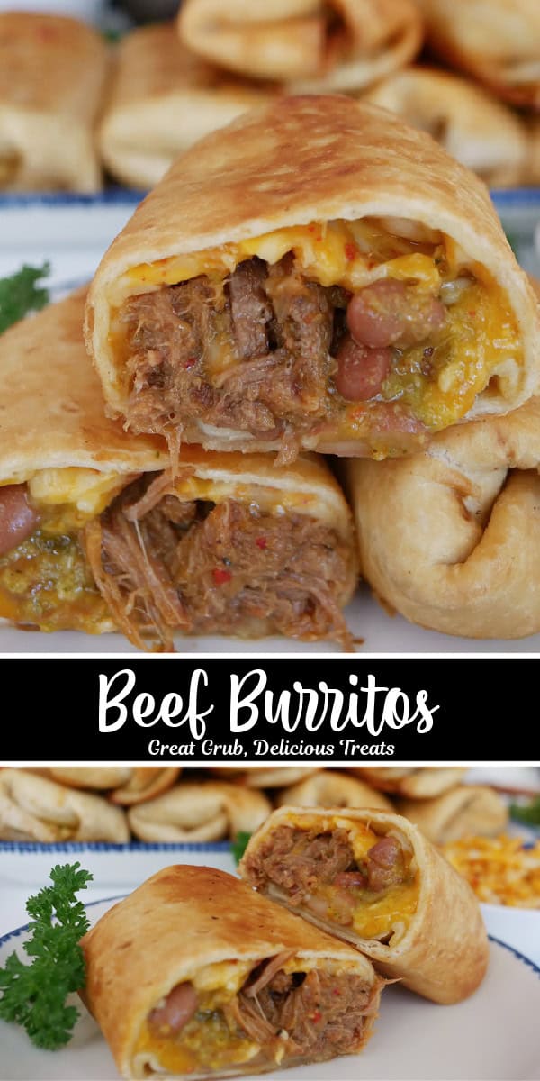 A double collage photo of fried beef burritos with the title of the recipe in text in between the two photos.