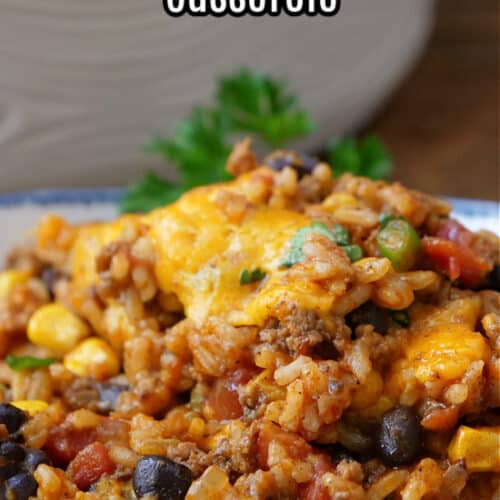 A close up of a bowl filled with a serving of beef enchilada casserole.
