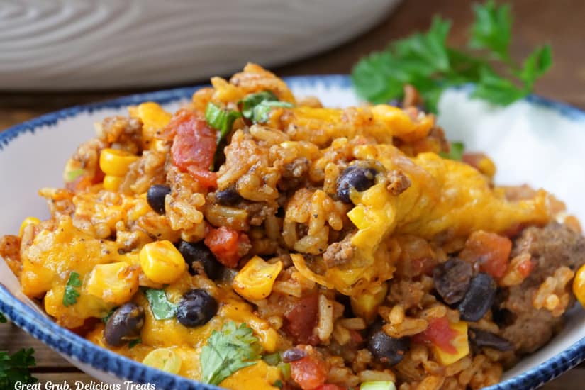 A horizontal photo of a white bowl with blue trim filled with rice, ground beef, corn, black beans, and cheese.