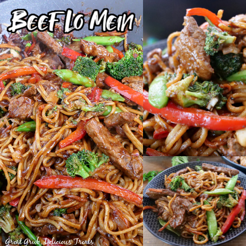 Beef Lo Mein is a simple and delicious lo mein recipe that is made with beef and fresh vegetables. A three photo collage of beef lo mein with tender beef, fresh veggies, and a homemade sauce.