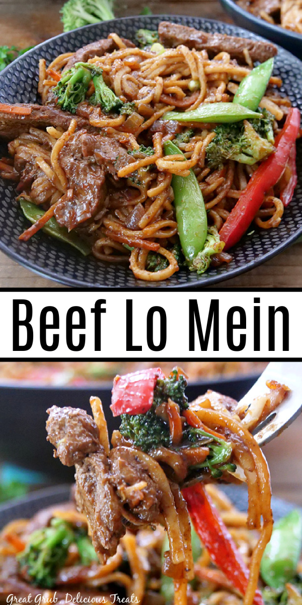 Beef Lo Mein is a delicious meal that you can make as a side dish or as the main course. A double pin of beef lo mein with a bite on a fork.