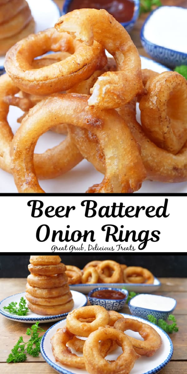 A double collage photo of beer battered onion rings.