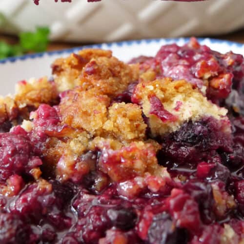A white bowl with blue trim with a serving of berry cobbler in it.