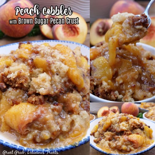 A three collage photo of peach cobbler.