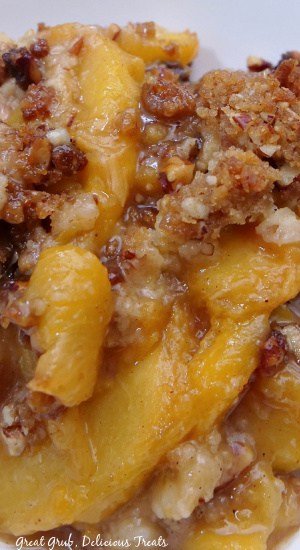 A close up of peaches and topping of the cobbler recipe.