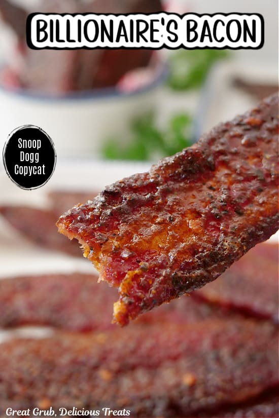 A close up of a piece of candy bacon.