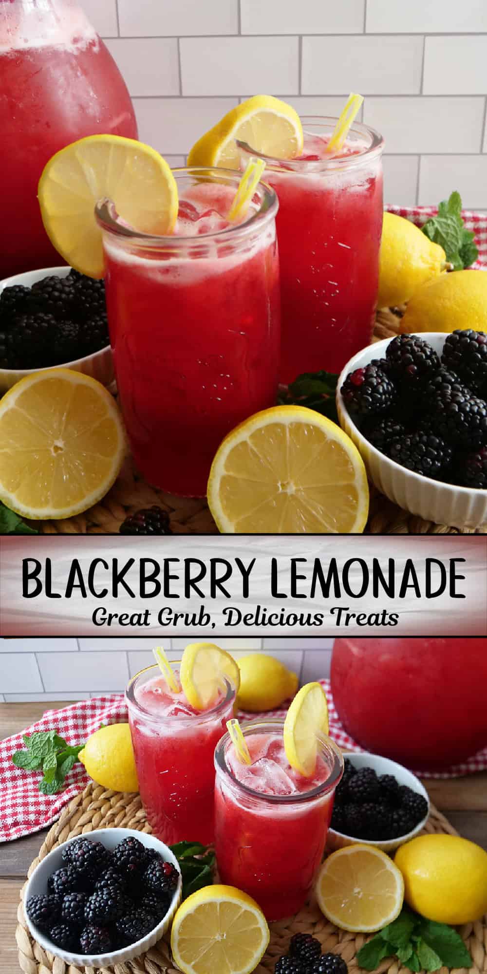 Two photo collage of homemade blackberry lemonade with a title overlay in the center.