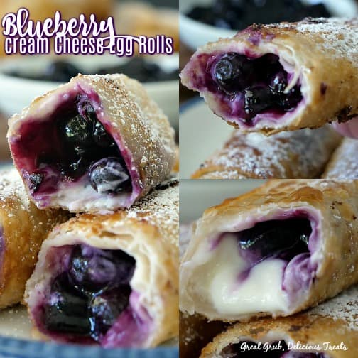 Blueberry Cream Cheese Egg Rolls are super delicious and filled with a fresh blueberry filling and a cream cheese mixture. A three collage photo of blueberry cream cheese egg rolls.