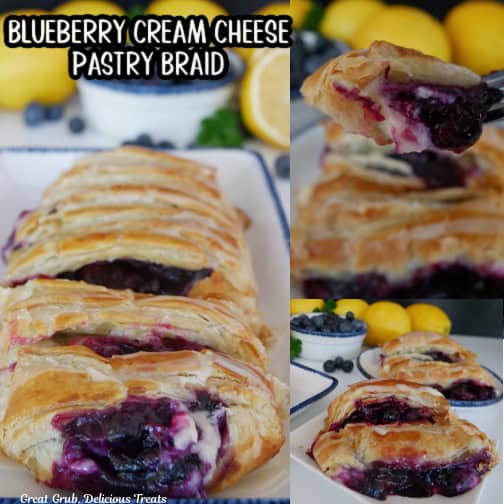 A three collage photo of blueberry cream cheese pastry braid.