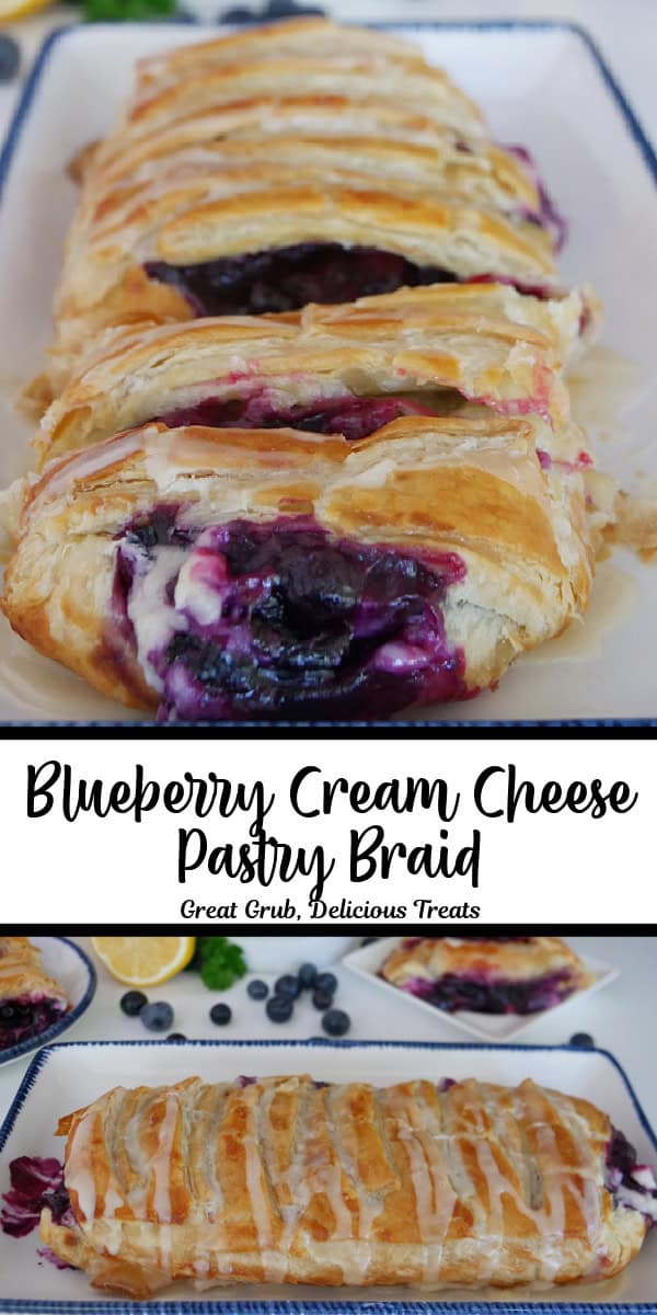 A double collage photo of blueberry pastry braid with the title of the recipe in the center of the two photos.