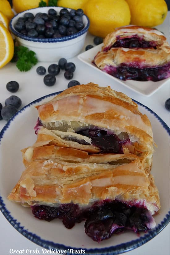 A small round white plate with blue trim with two slices of blueberry pastry on it.