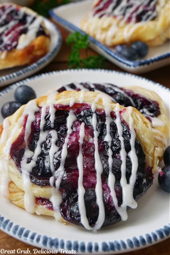 Two blueberry danish pastries on a white plate with blue trim.