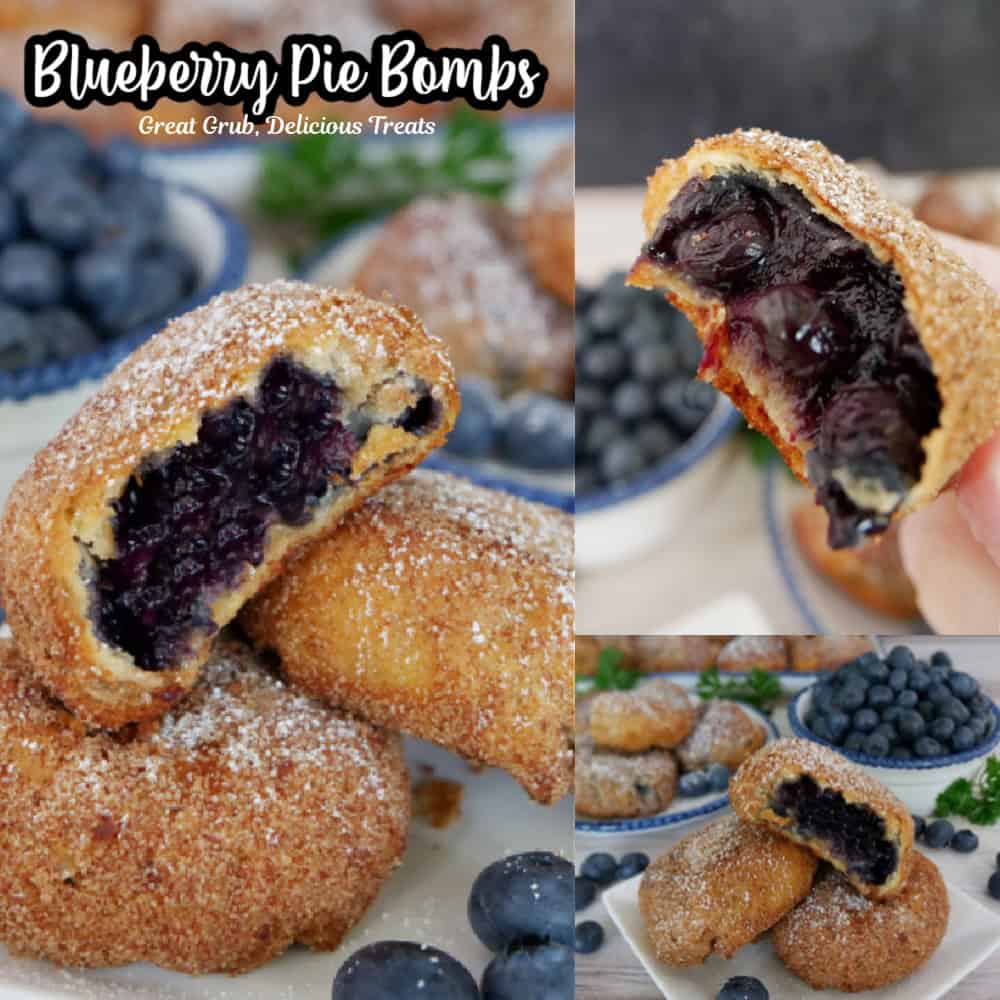 A three collage photo of blueberry pie bombs made with crescent roll dough and blueberry filling.