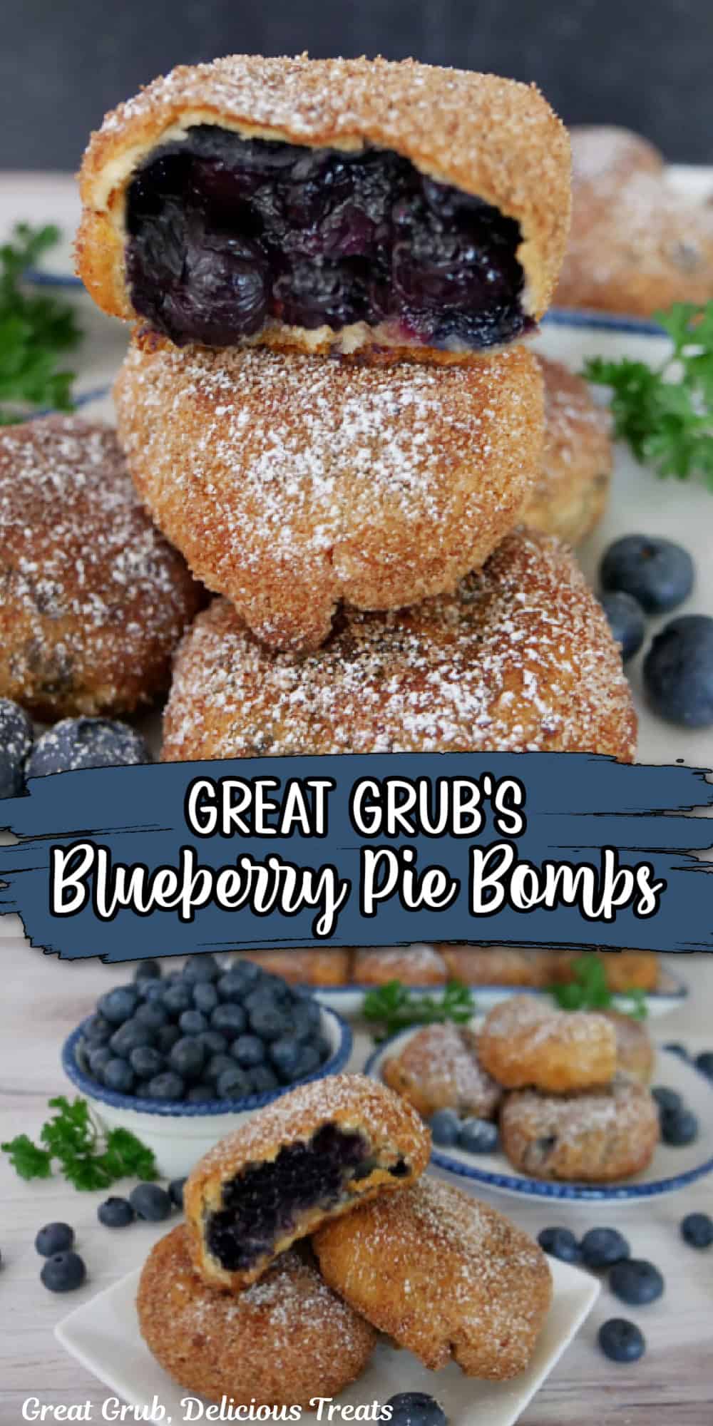 A double collage photo of blueberry pie bombs with the title of the recipe in between the two photos.