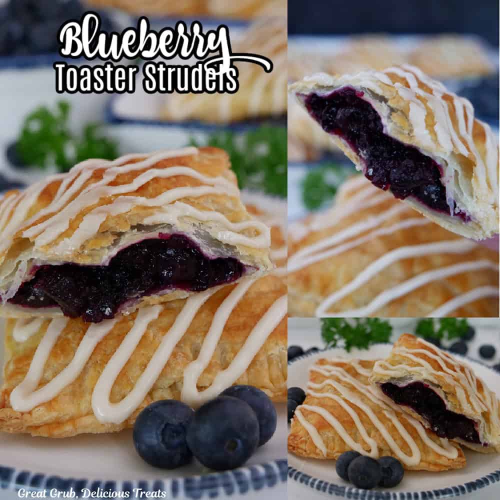 A three collage photo of blueberry toaster strudels with the title of the recipe at the top.
