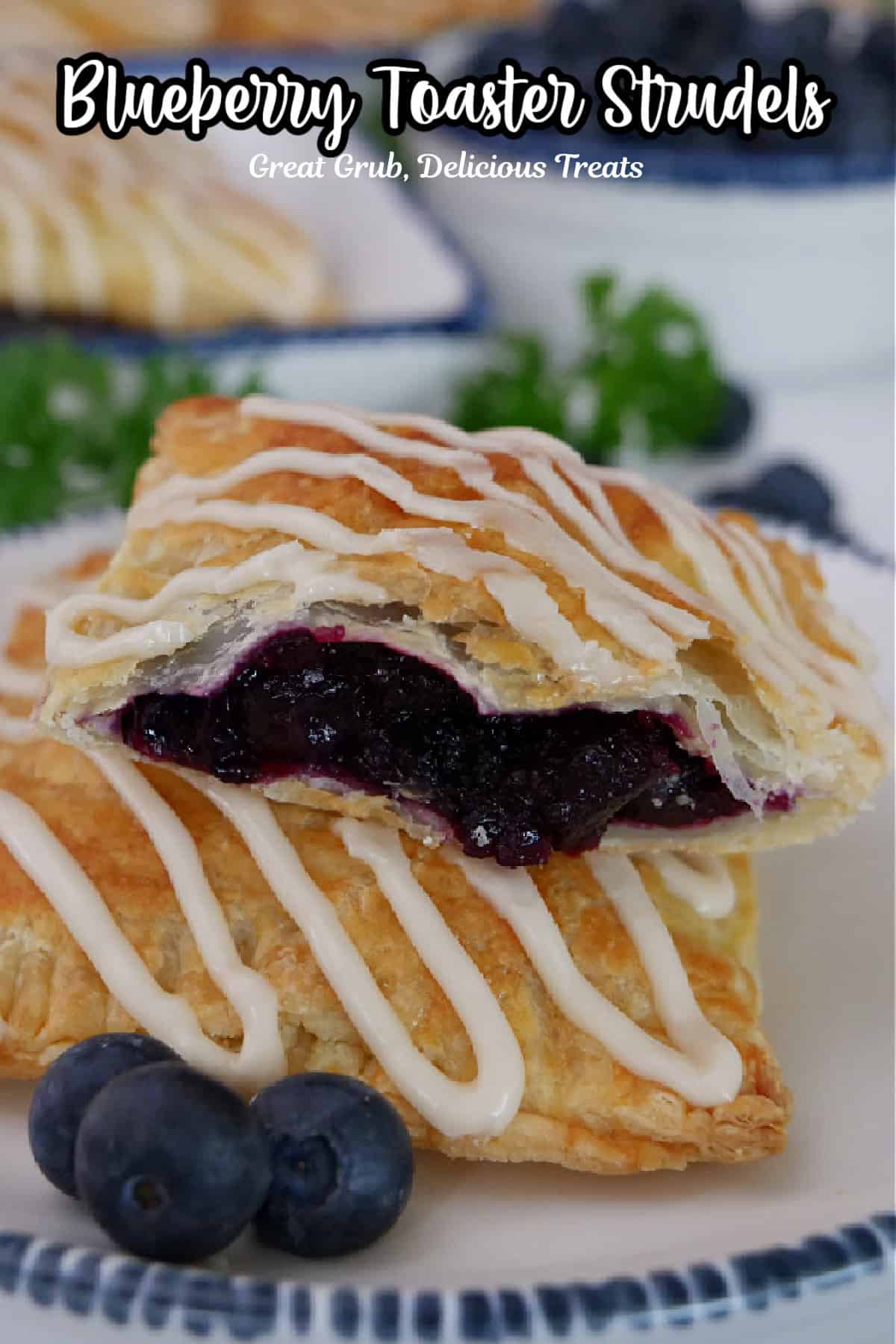 A couple blueberry toaster strudels on a round white plate with blue trim.