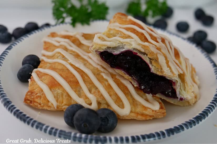 A white surface with a round white plate with blue trim with two blueberry toaster strudels on it.