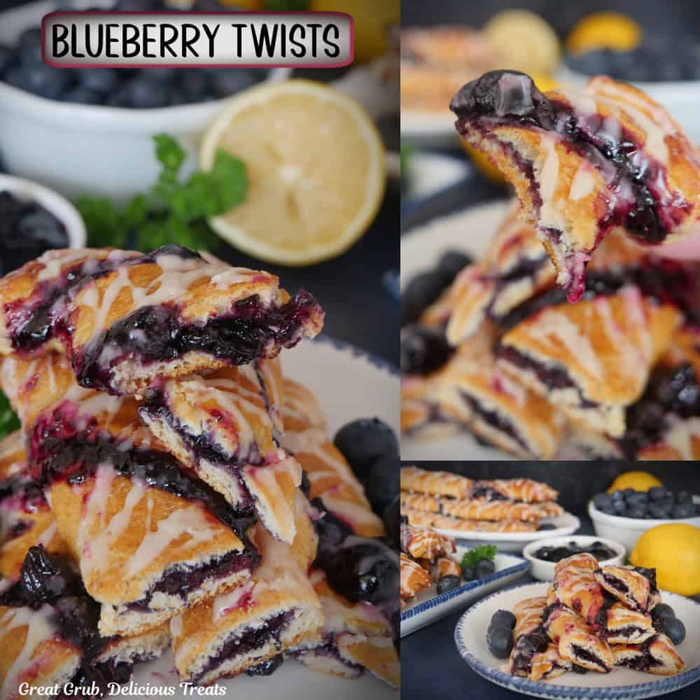A three photo collage of blueberry twists with a title overlay at the top.