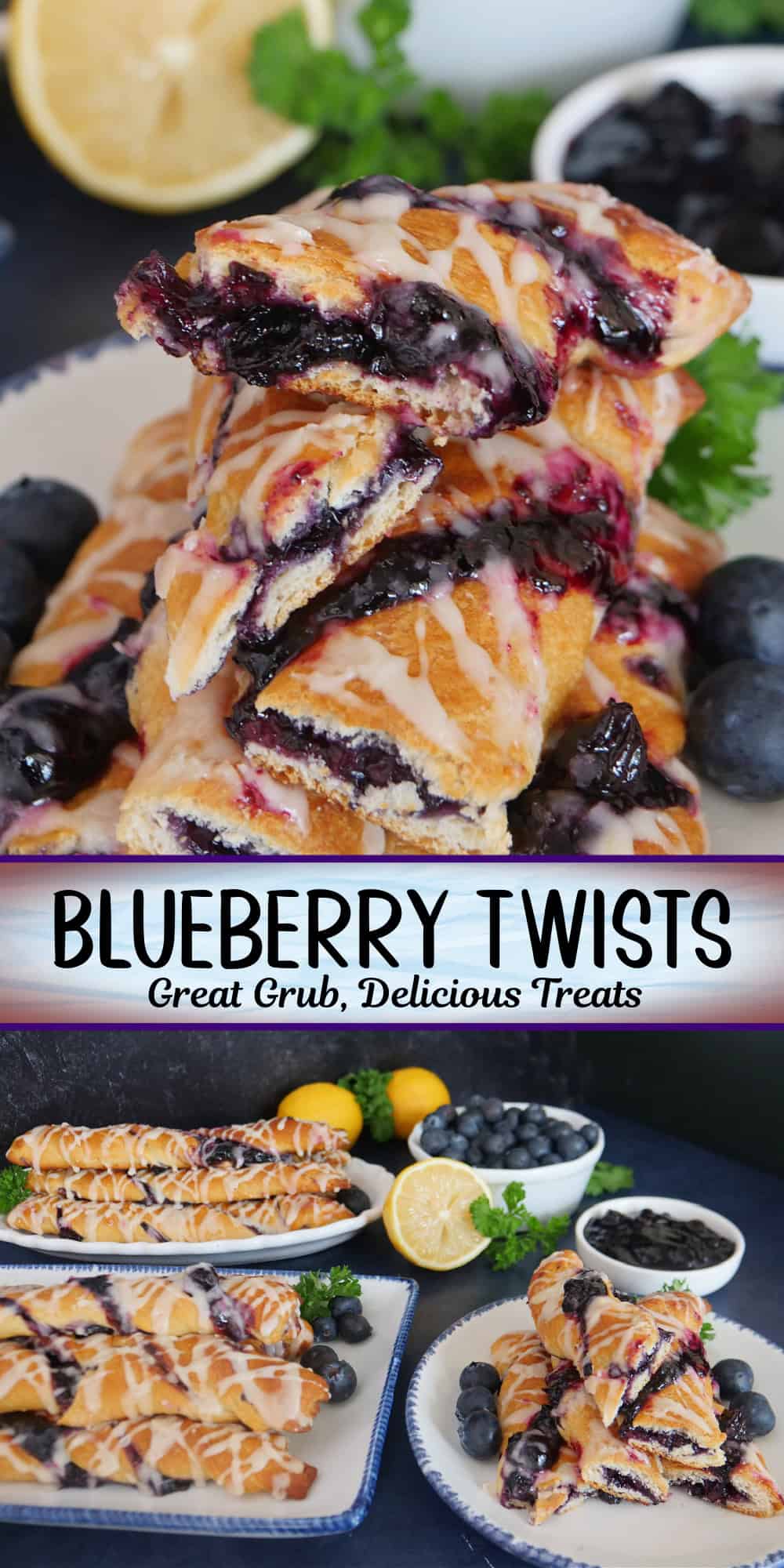 A double collage photo of blueberry crescent twists with a title overlay in the center.