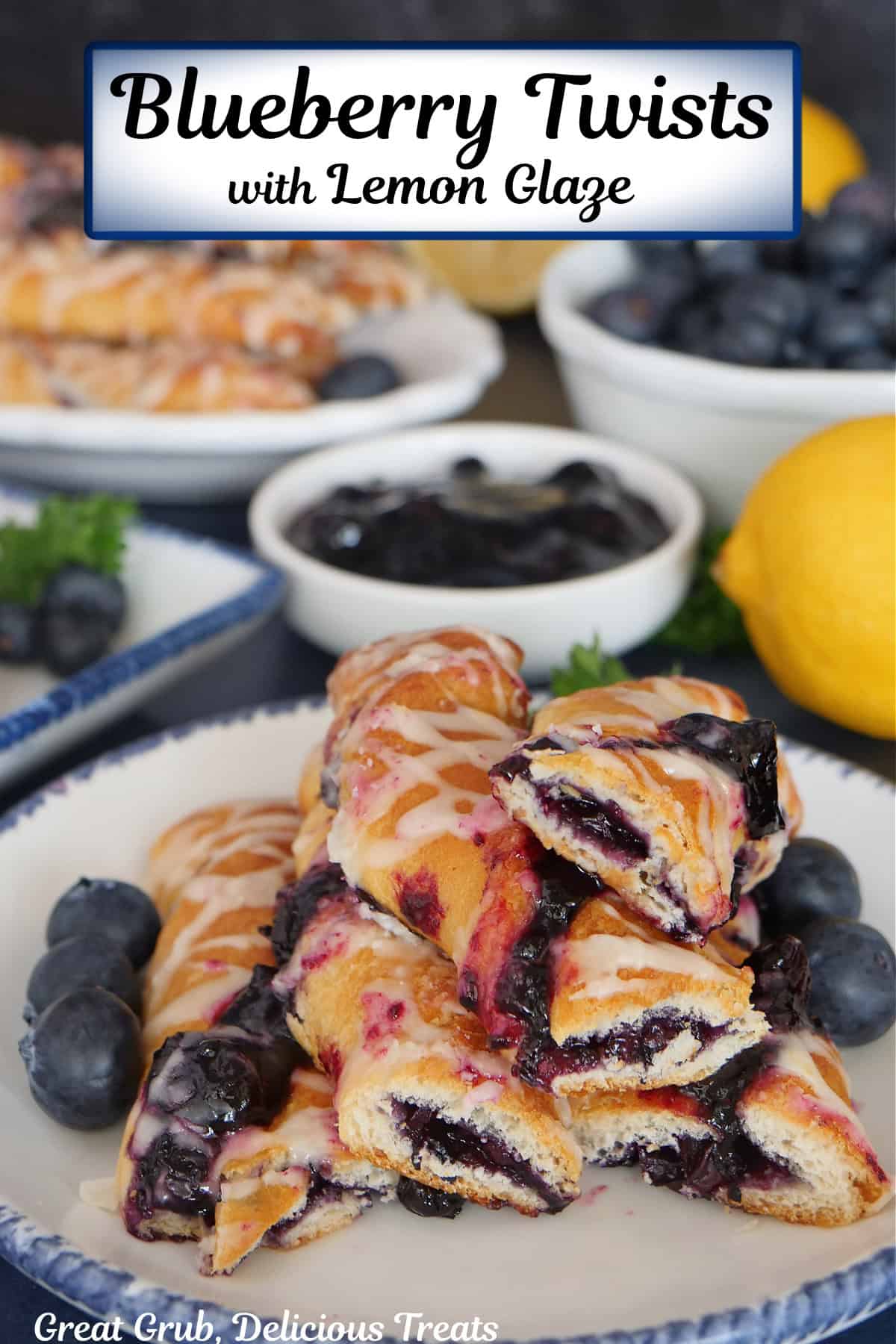 A round white plate with blue trim with blueberry pastry twists on it with more in the background, and a title overlay at the top.