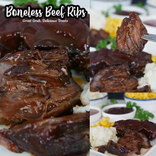 A three collage photo of boneless beef ribs with the title of the recipe at the top.