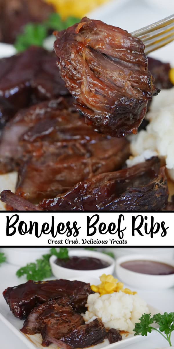 A double collage photo of boneless beef ribs and the title of the recipe written in text in the center of the two photos.