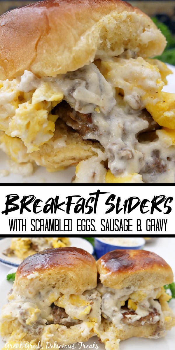 A double photo collage of breakfast sliders sitting on a white plate.