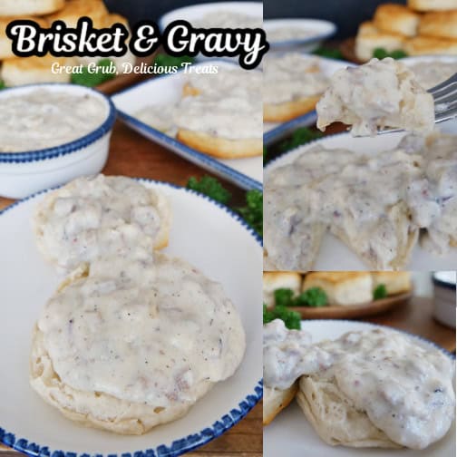A three collage photo of brisket and gravy on top of biscuits with the title of the recipe at the top in text.