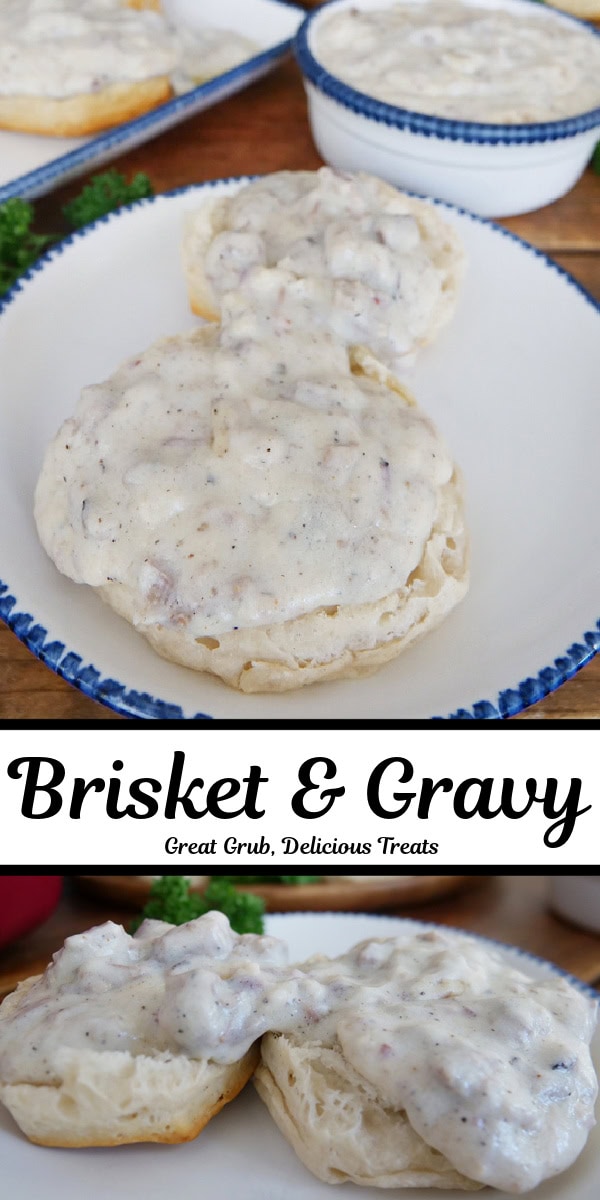 A double collage photo of brisket gravy over biscuits.