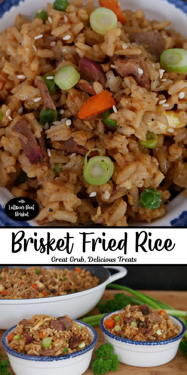 A double collage photo of brisket fried rice with the title of the recipe in text between the two pictures.