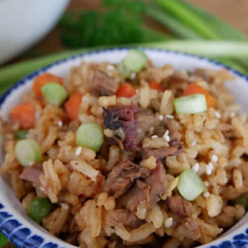 A wood surface with a white bowl with blue trim filled with brisket fried rice.