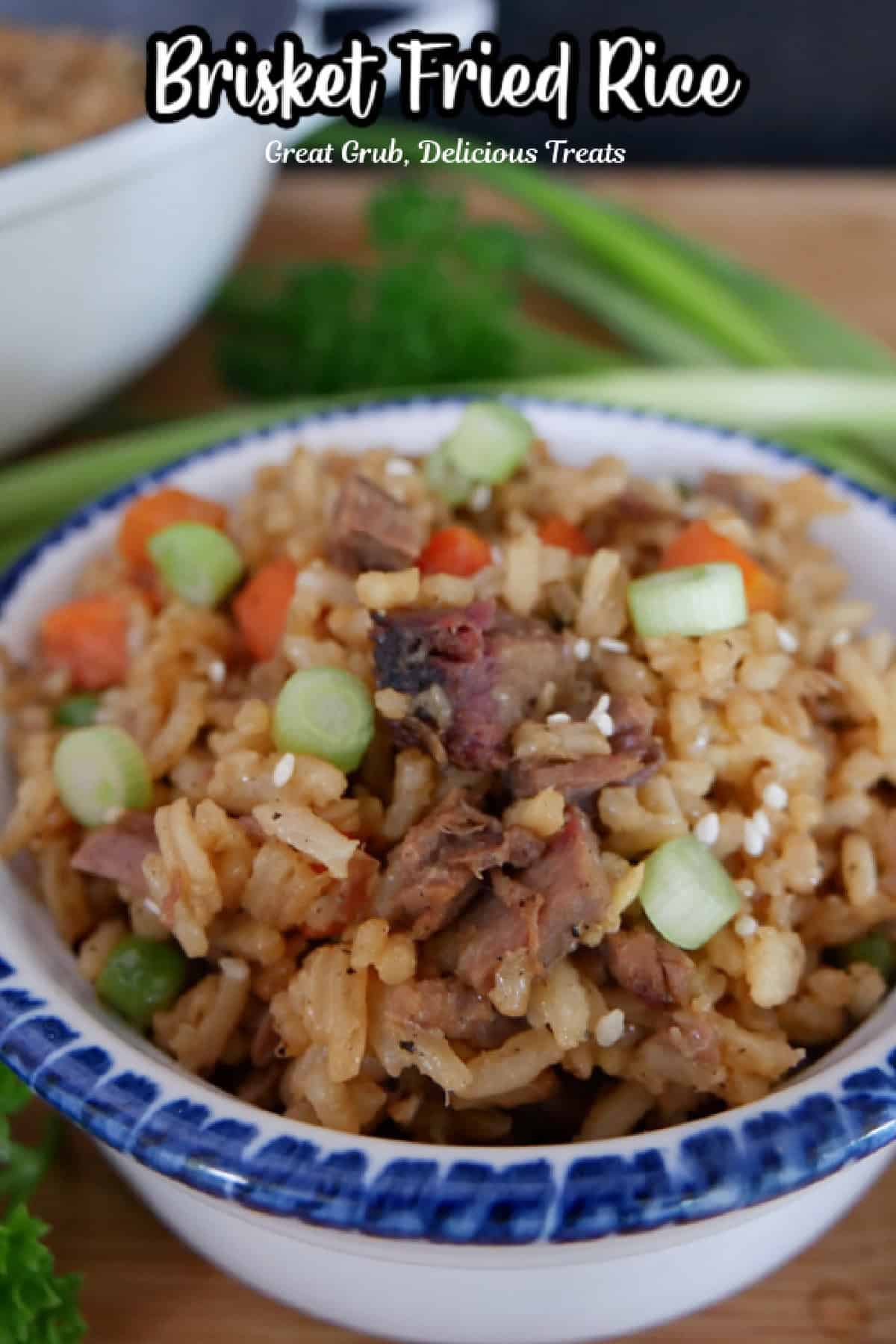A wood surface with a white bowl with blue trim filled with brisket fried rice.