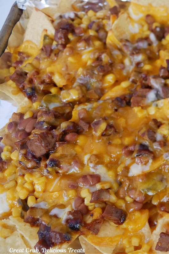 The beef nachos after they are done baking.