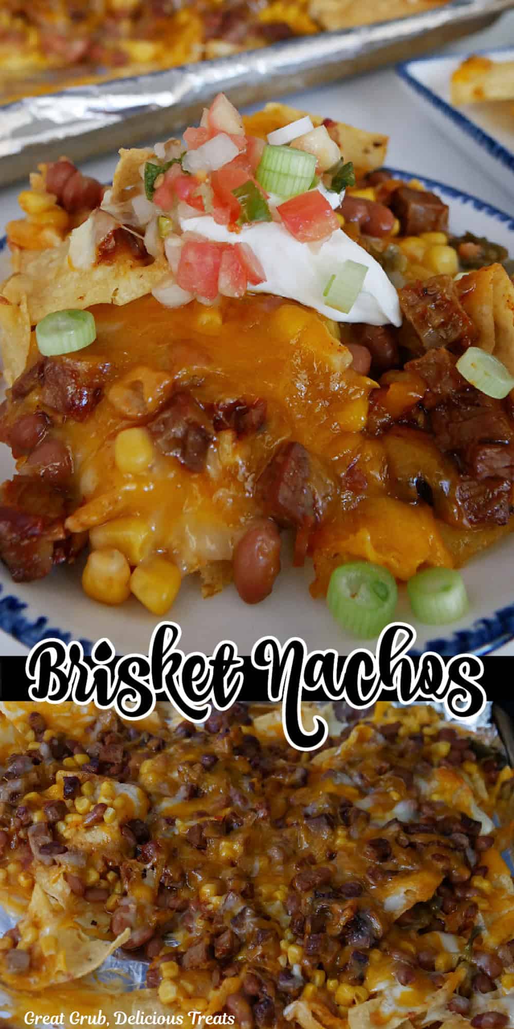 A double collage photo of nachos made with beef brisket.