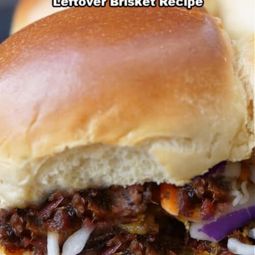 A close up of a brisket slider.