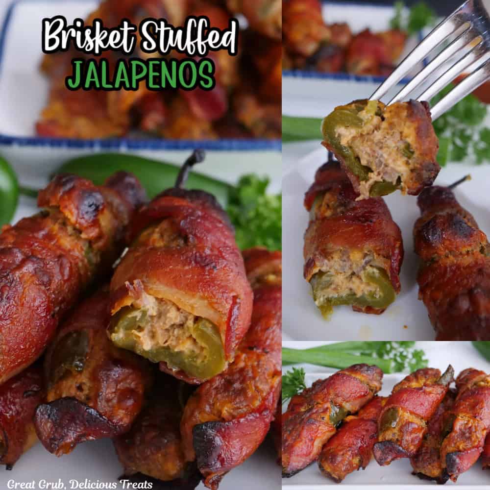 A three collage photo of brisket stuffed jalapenos with the title of the recipe at the top.