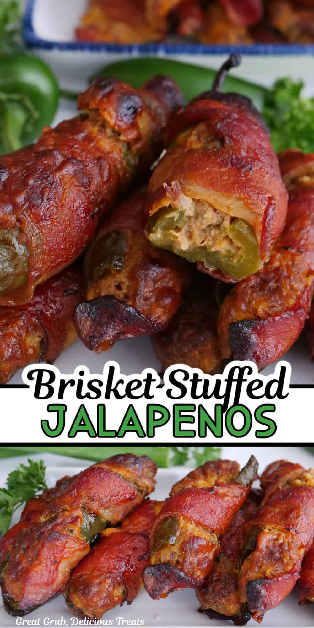 Two photos of bacon wrapped brisket stuffed jalapenos with the title of the recipe in between the two photos.