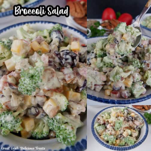 A three collage photo of broccoli salad with the title of the recipe in text at the top.