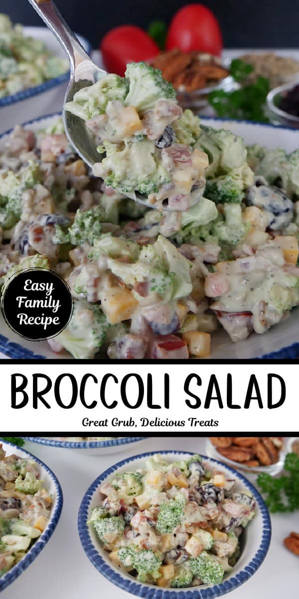 A double collage photo of broccoli salad with the title of the recipe in between the two photos.