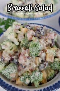 A serving of broccoli salad in a white round bowl with blue trim.