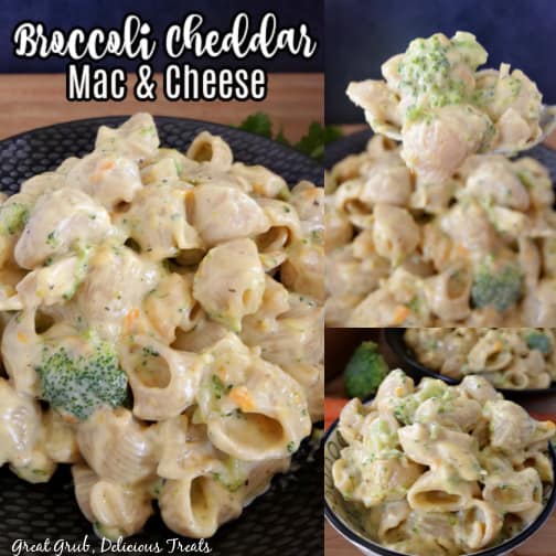 Broccoli Cheddar Mac and Cheese is a great recipe that the entire family will love. A three photo collage of mac and cheese in a black bowl with broccoli in the background for decoration.